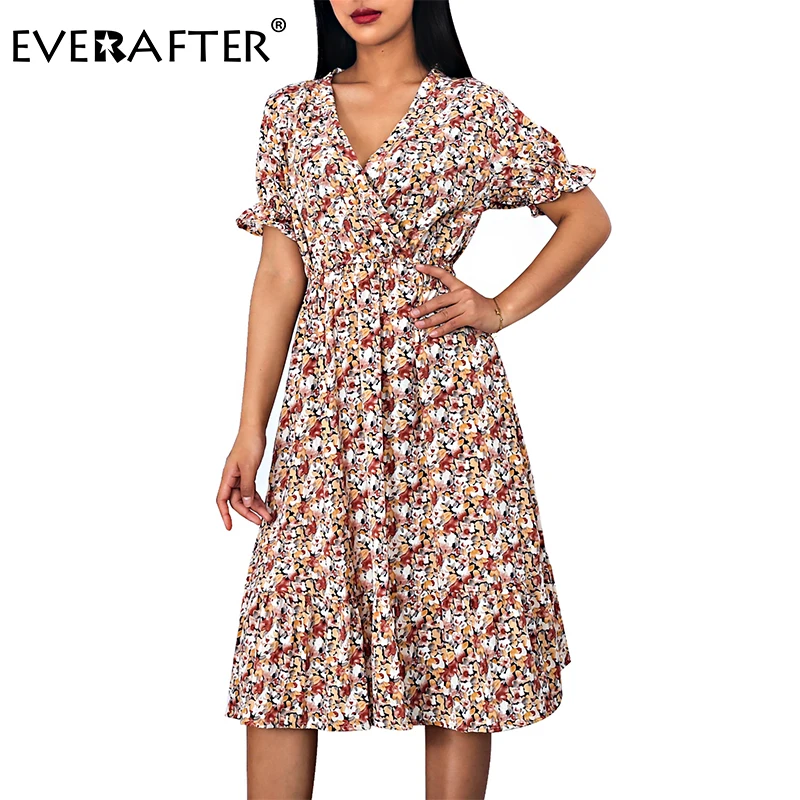 

EVERAFTER Floral print boho summer dress women v-neck short sleeve high waist bodycon chic beach midi dress casual ladies dress
