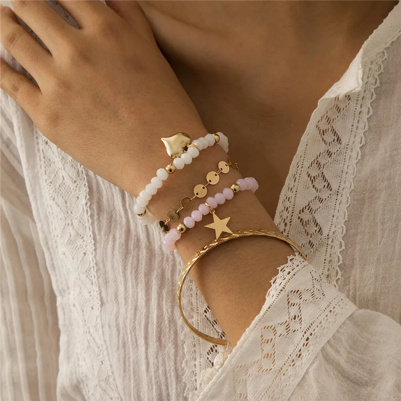 

HI MAN 4Pcs/Set European American Mixed Handmade Rice Bead Disc Heart Star Bracelet Women Fashion Elegant Wedding Jewelry