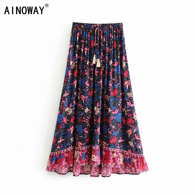 Vintage chic women Hippie birds floral print beach Bohemian pleated skirt High Elastic Waist Maxi A-Line Boho Skirt Femme