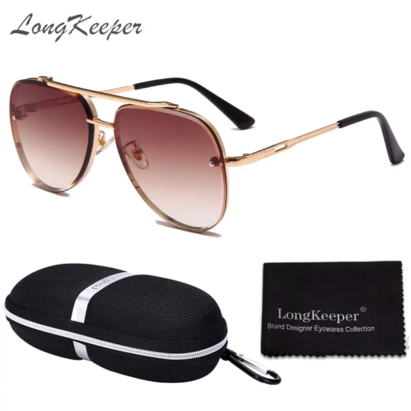 

LongKeeper Rimless Pilot Sunglasses Men Women Oversized Driving Goggles Double Beams Sun Glasses With Zipper Box Gafas De Sol