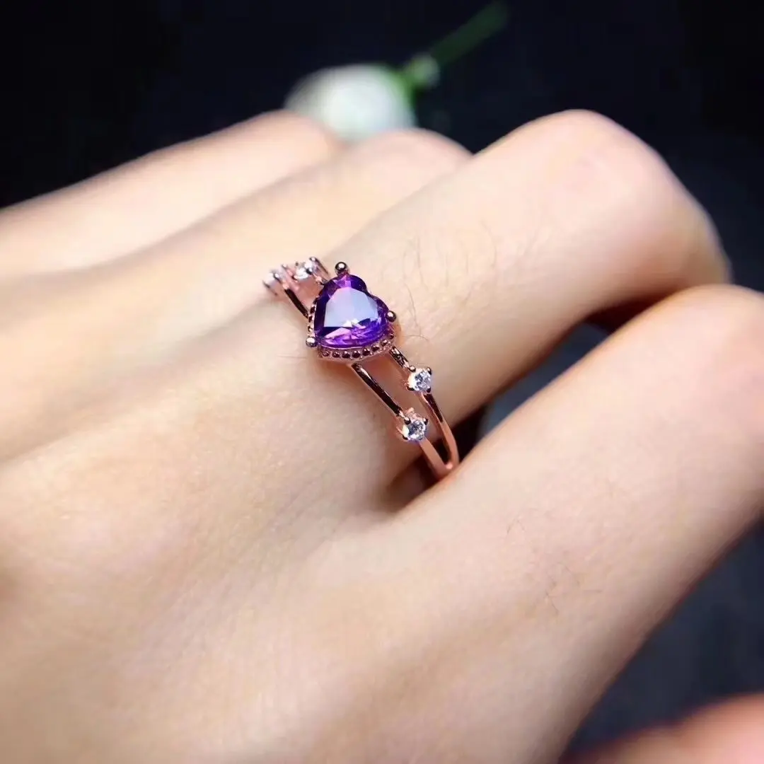 

Natural Amethyst Ring For Women Purple Crystal Heart Shape Rings 14k Rose Gold Jewelry Diamond Engagement Anniversary Ring Gift