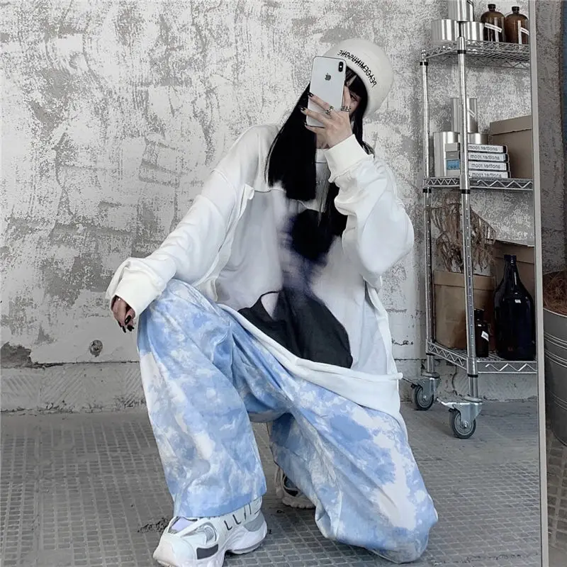 

Fried Street pants women's spring 2021 new Korean version ins Retro Tie Dyed wide leg pants loose casual pants trend