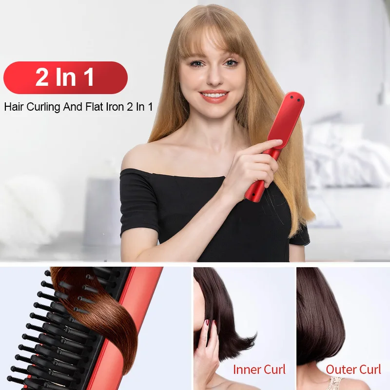 

2021 New Multifunctional Professional Hair Straightener Ceramic Hair Curler Brush PTC Heating Hot Comb Brushes Curling Iron