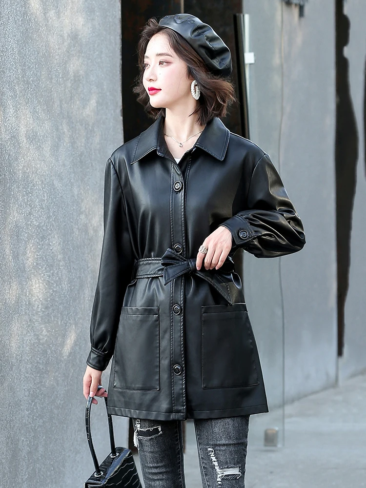New Women Sheep Leather Jacket Spring 2022 Casual Fashion Turn-down Collar Solid Loose Sheepskin Trench Coat Leather Outerwear
