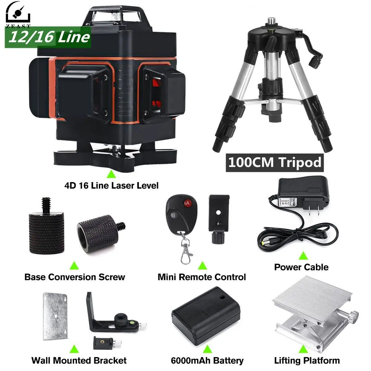 Лазерный уровень 4D 16/12 линий зеленый свет беспроводной автоматический