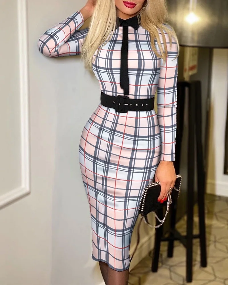 

Autumn Tight Dress Women Fashion Elegant Office Ladies Plaid Print Belt Long Sleeve Dress Women