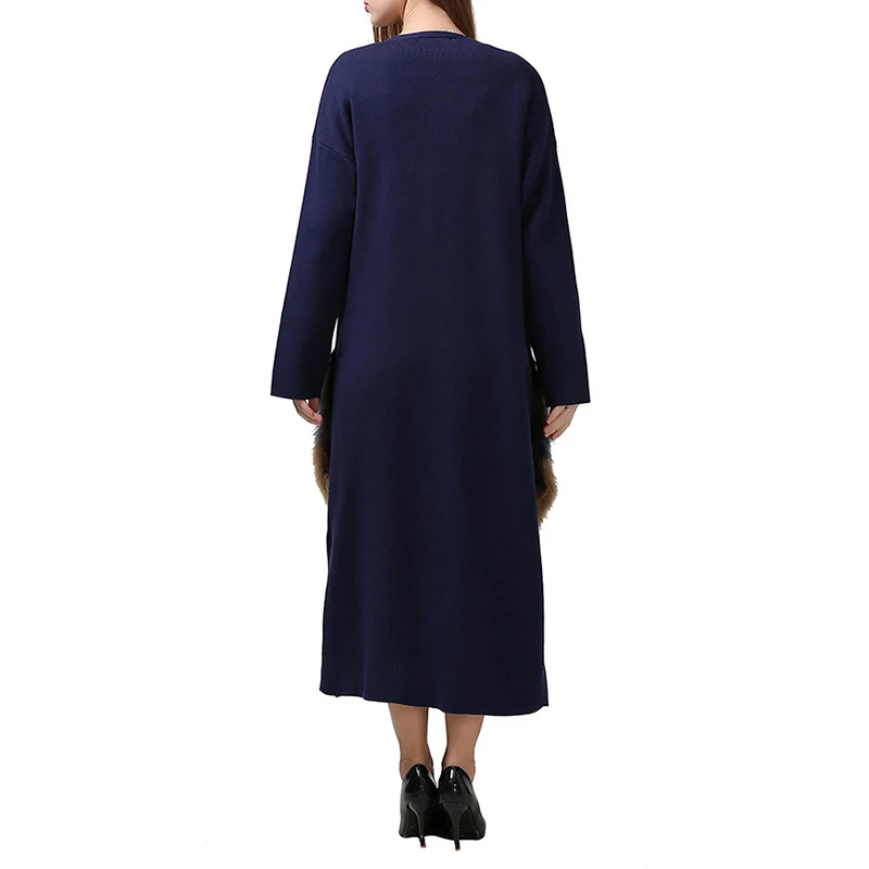 

VGH Patchwork Fluff Sweater For Women V Neck Long Sleeve Casual Loose Side Split Cardigans Female 2020 Fall Fashion New Clothes