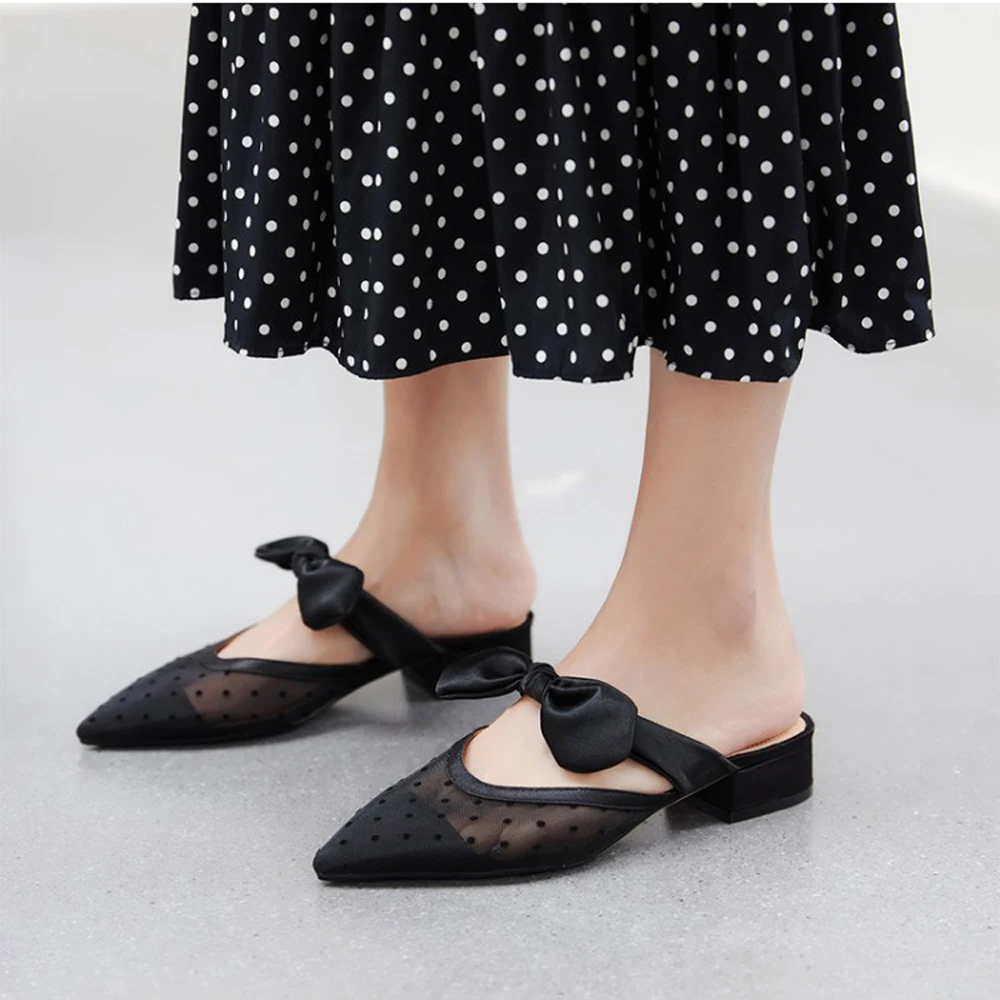 

Lovirs Mules for Women Black Polka Dot Butterfly Knot Flat Shoes Slip On Loafers Backless Mules Pointed Toe Mule Slides Slippers