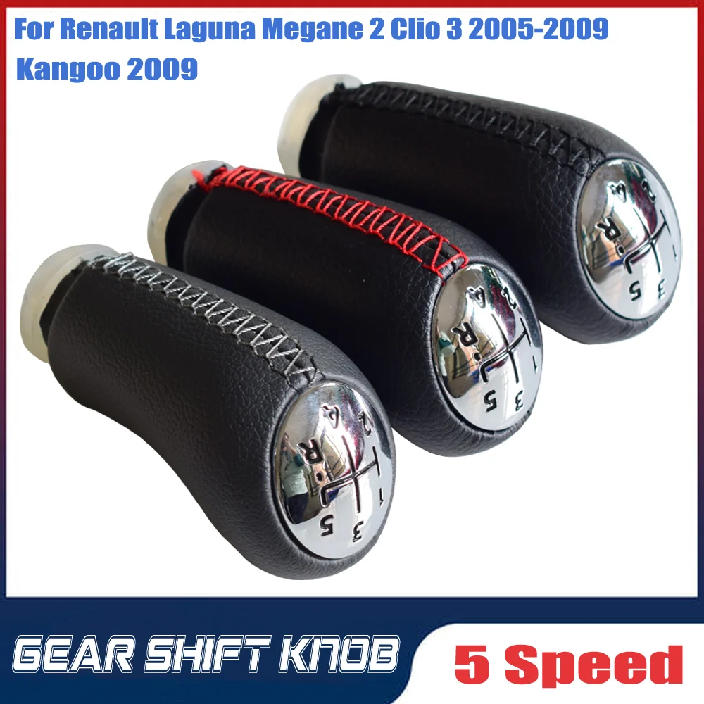 

5 Speed Leather MT Gear Shift Knob For Renault Clio III Megane II Scenic II Kangoo GearShifter Pen Head Ball gloss Black Cap