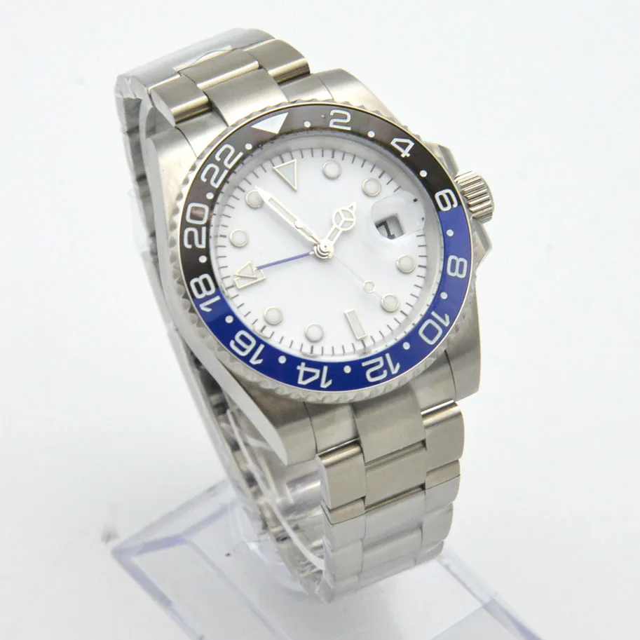 40MM White Dial Luminous Clock Men's GMT Automatic Mechanical Watch Steel Case Oyster Strap enlarge
