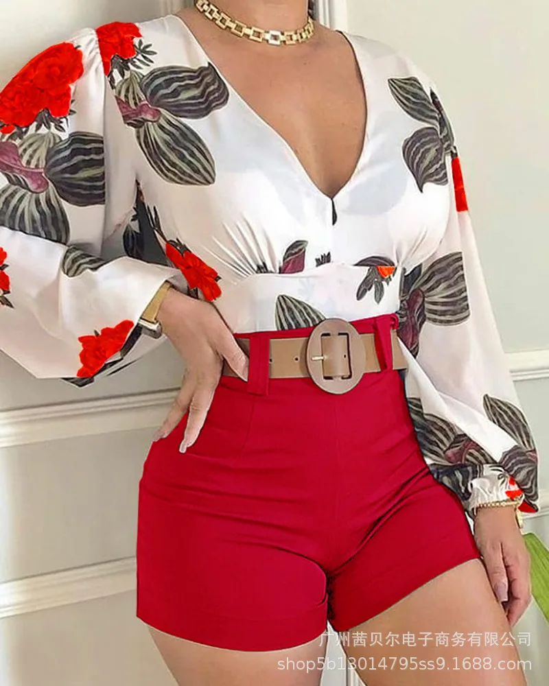

Women Boho Clothes Sets Summer Long Sleeve Printed Top Shorts Beach Holiday Red Floral Shorts Sexy Suits 2021 New