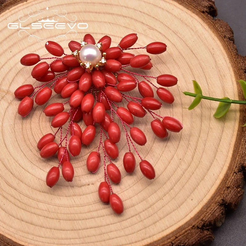 

GLSEEVO Pure Natural Pearl Coral Brooch Woman Wedding Banquet Birthday Party Boutique Brooch Noble Decoration GO0387