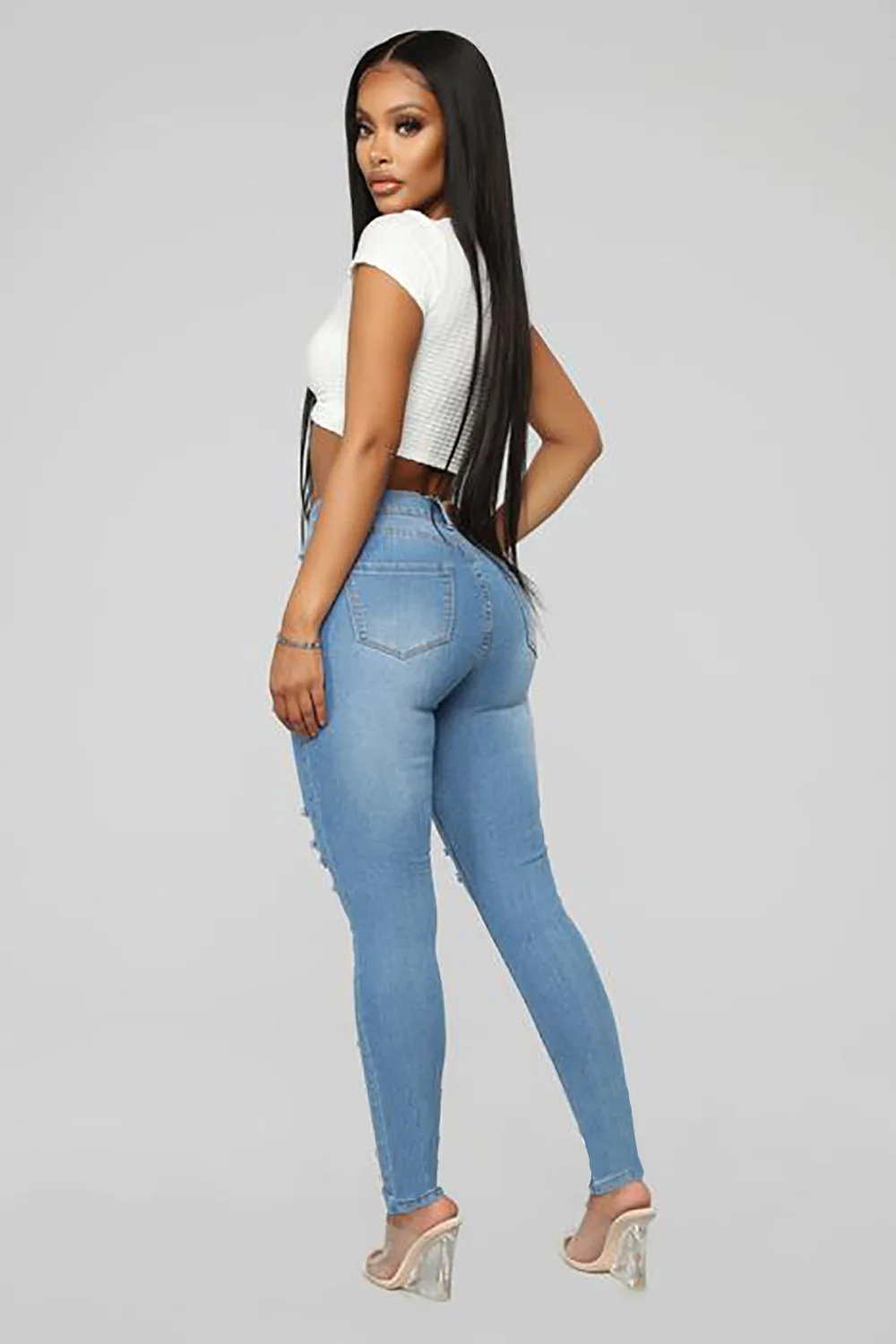

Fashion Women Jeans Denim Hole Female High Waist Stretch Slim Sexy Pencil Pants Slim High Waist Pencil Trousers Elegant Lady