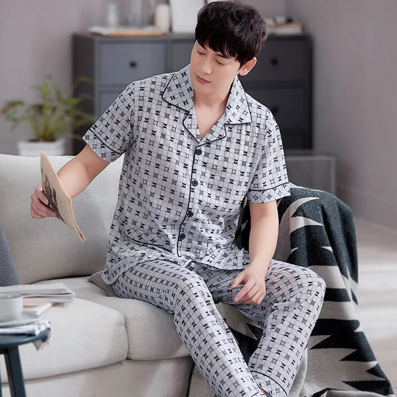 

New Arrival Summer 100%Cotton Men Pajamas Set Short Sleeve Turn-down Collar Cardigan Pyjamas Home Clothing