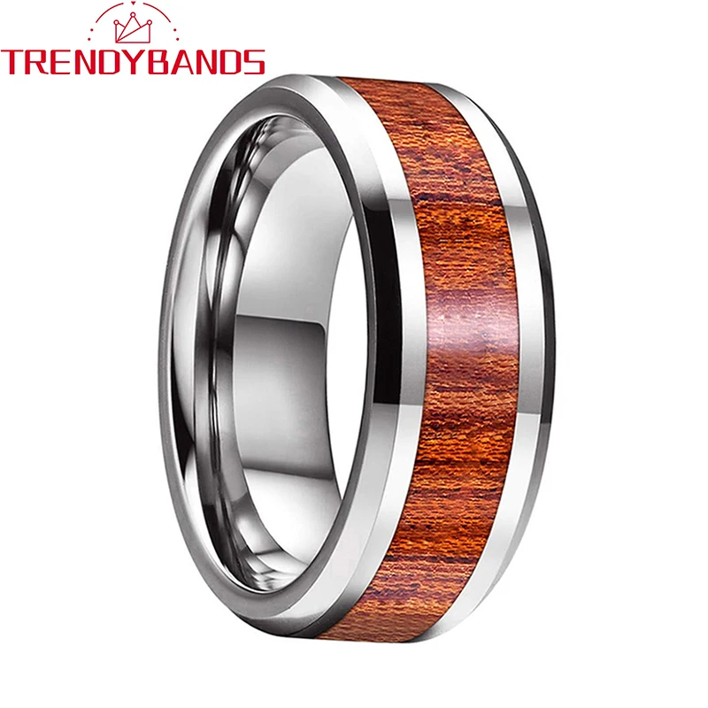 

8 мм кольца Koa из вольфрама с деревянной инкрустацией для мужчин и женщин, обручальное кольцо, полированные блестящие скошенные края, удобны...
