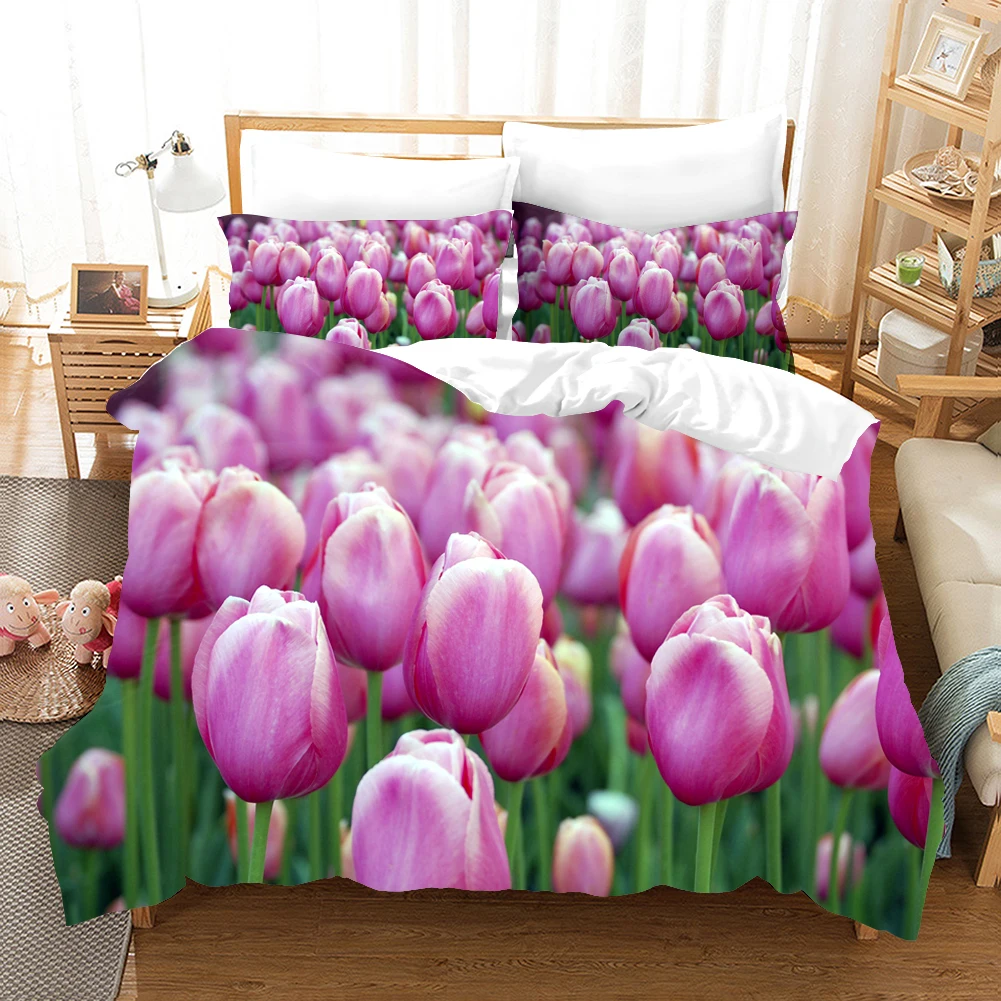 Цветочный Красный тюльпан Комплект постельного белья Элегантный пейзаж 3d