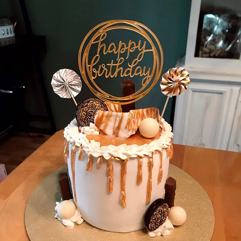 Блестящий Золотой серебристый акриловый Топпер для торта десерт С Днем Рождения