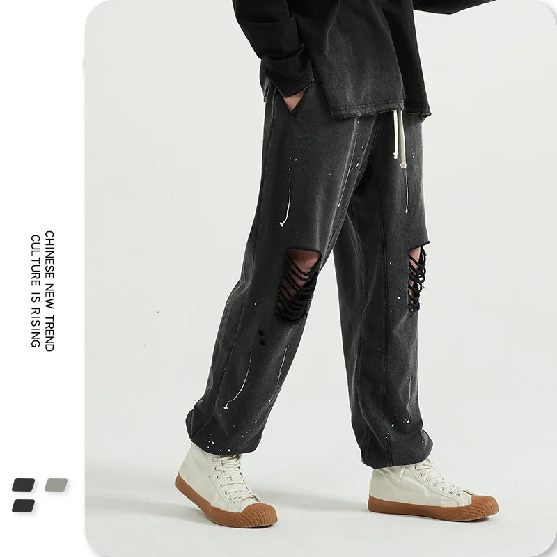 Крутые мужские брюки осень зима новый стиль колено отверстия брызги штаны с