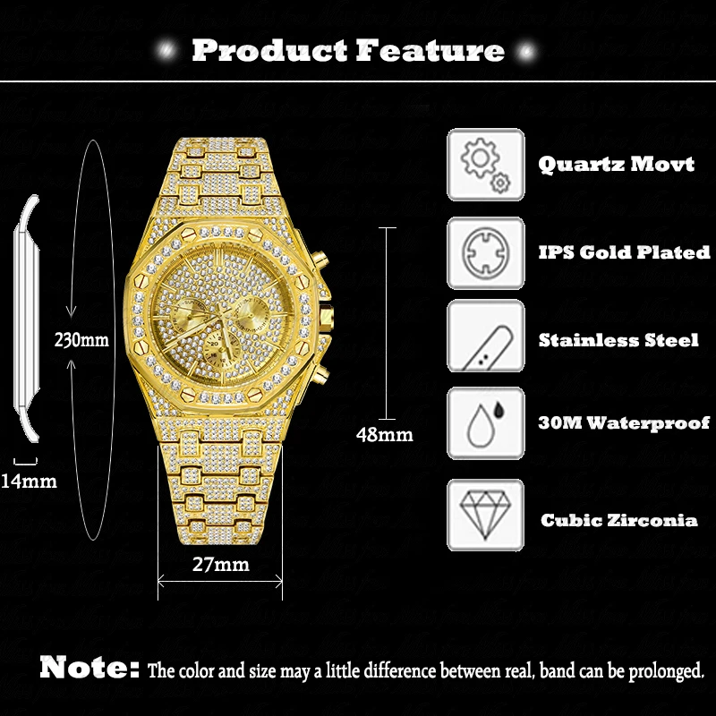 

MISSFOX Hip Hop Full Diamond Mens Watches Top Brand Luxury 18K Gold Quartz Watch Waterproof Stainless Steel Clock Reloj hombre