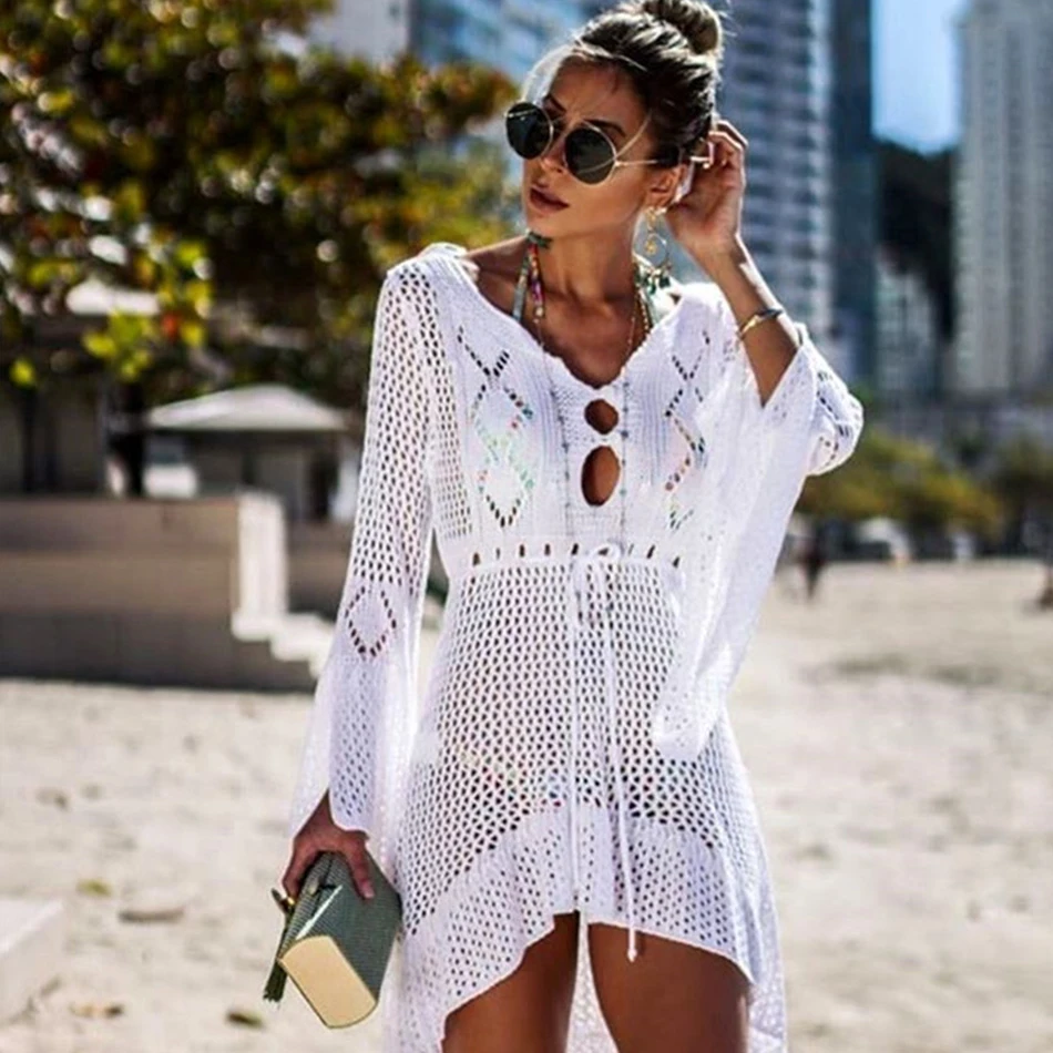 

New Knitted Beach Cover Up Women Bikini Swimsuit Cover Up Hollow Out Beach Dress Tassel Tunics Bathing Suits Cover-Ups Beachwear