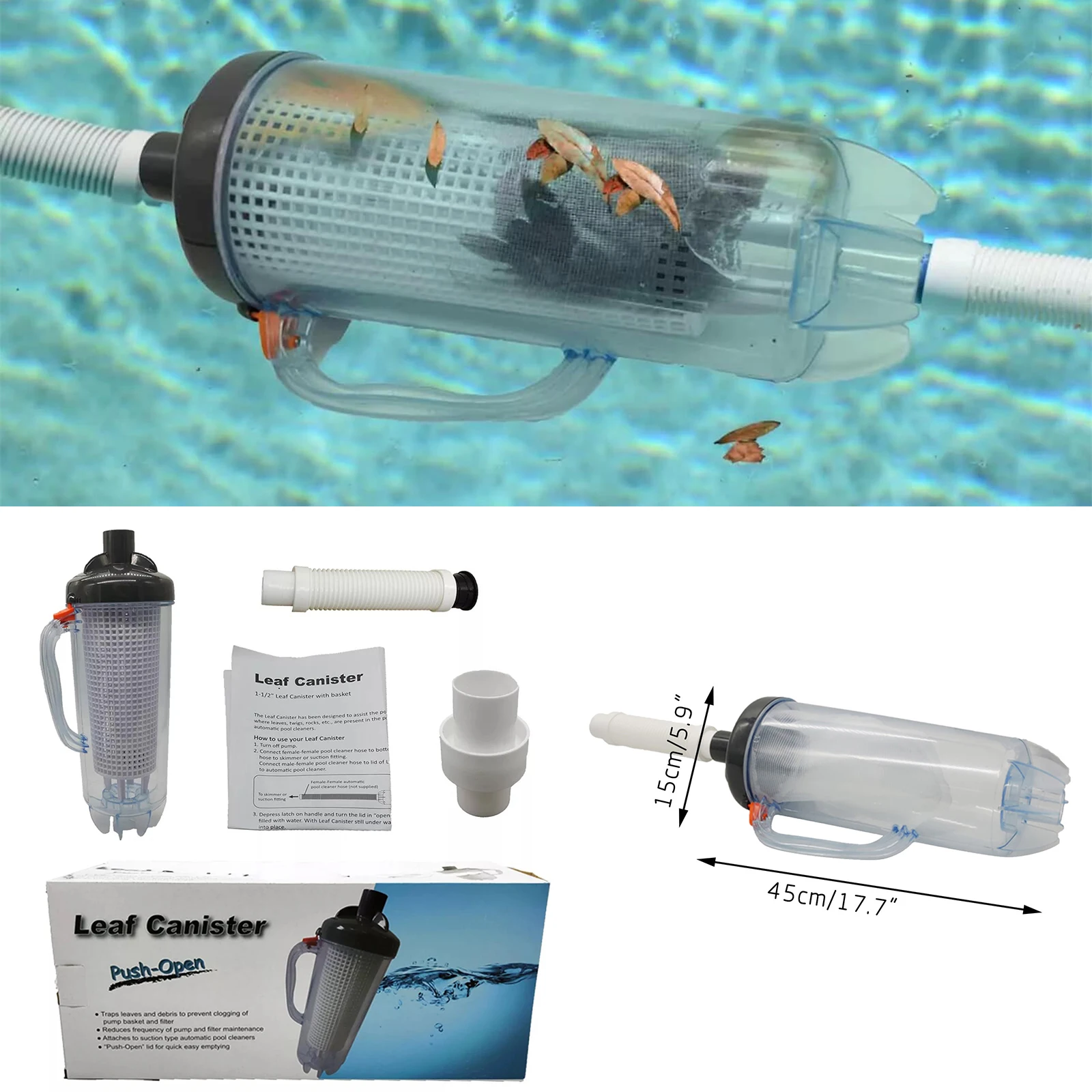 

Swimming Pool Cleaner Leaf Catcher Leaf Suction Tank Pool Skimmer Filter Storage Clean Leaves With Filter Basket 24cm Hose