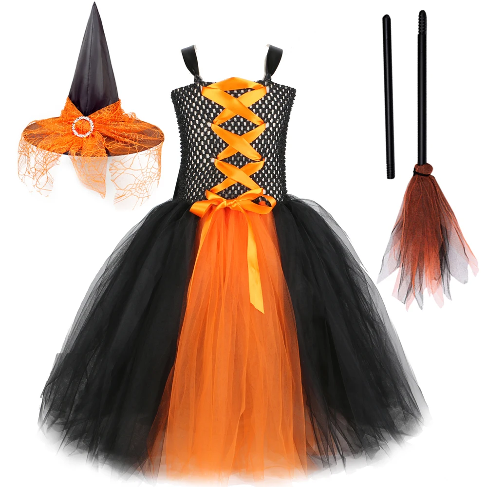

Girls Witch Halloween Costume For Kids Orange Long Tutu Dress With Hat Broom Evil Queen Outfit Children Carnival Party Clothes