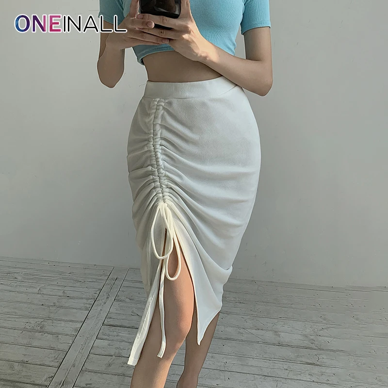

Женская облегающая юбка ONEINALL, Однотонная юбка средней длины с высокой талией, разрезом сбоку и рюшами, летняя одежда, 2021