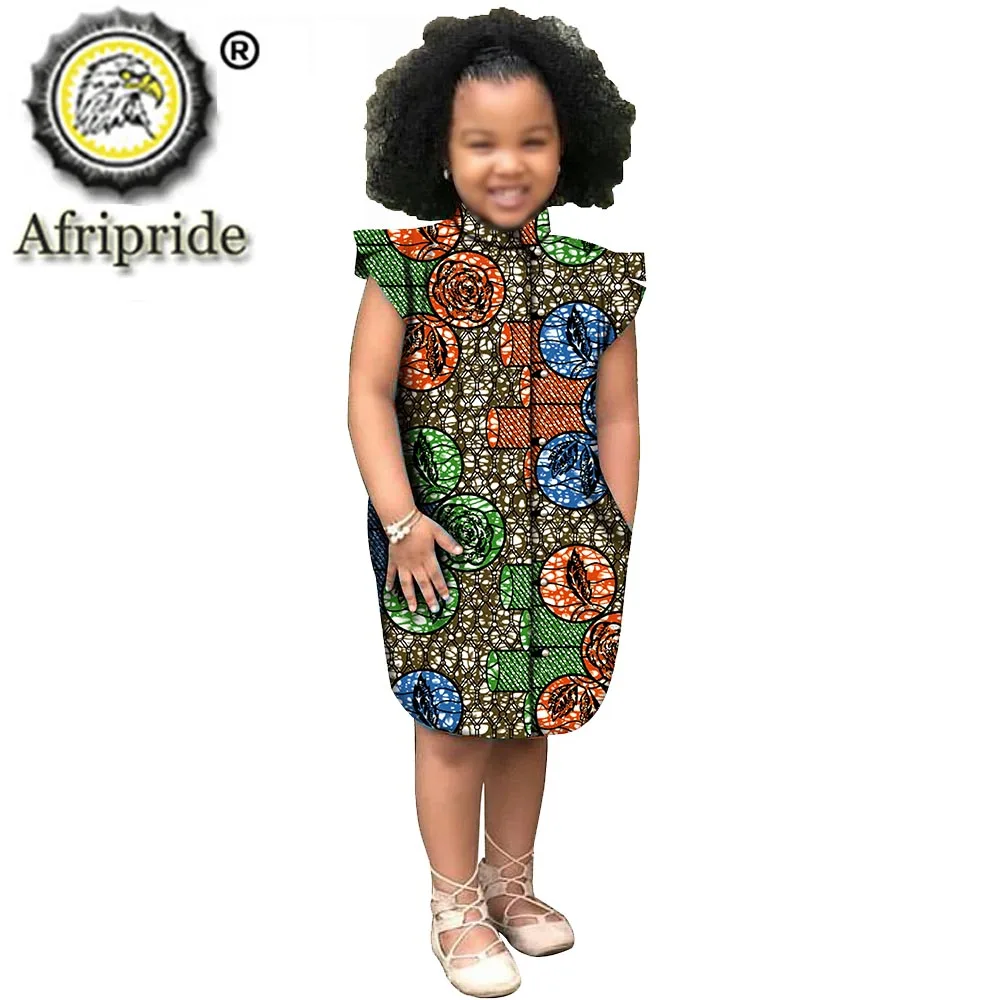 

Африканская детская одежда с восковым принтом, платье-рубашка из Анкары с жемчужной застежкой, милый 100% хлопок, AFRIPRIDE S204011