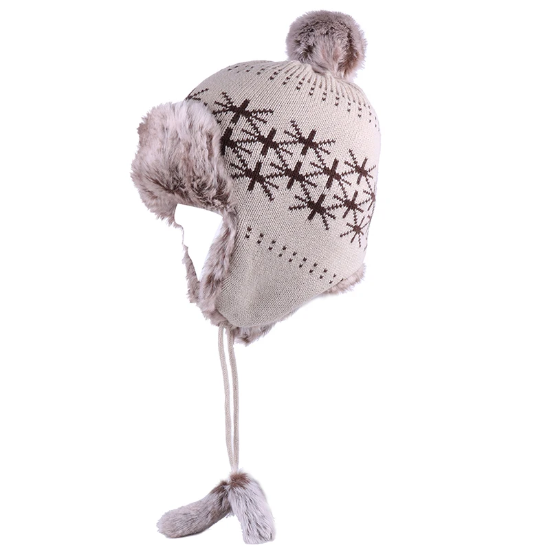 Шапка-бомбер женская зимняя русская ушанка шерстяная вязаная шапка с помпоном