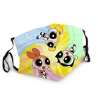 Маска Powerpuff для девочек, моющаяся Тканевая маска для рта с 3d принтом, кавайная детская маска с героями мультфильмов, игрушки патчи