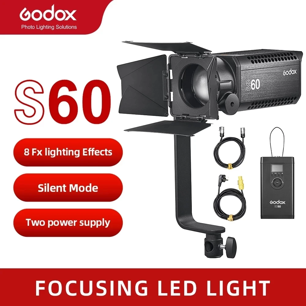 

Godox S60 60 Вт фокусирусветодиодный светодиодная лампа, Регулируемый прожектор с дверью сарая для профессиональной фотографии