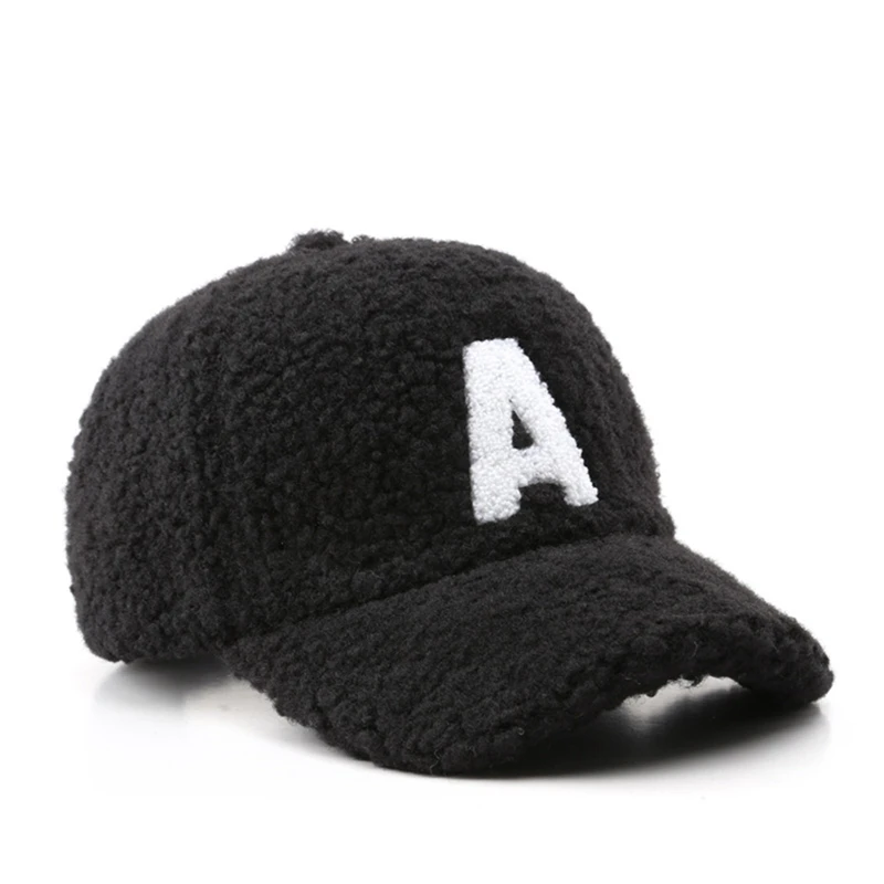 

Autumn Winter Women Letter A Lamb Fur Hats Korean Version Tide Warm Cap Plush Baseball Caps Winter Baseball Cap