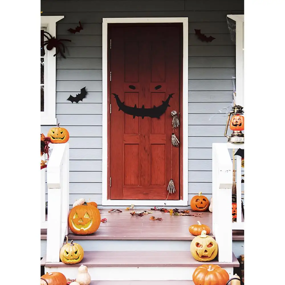 Halloween Pumpkins Bat Photography Backdrop Wooden Door Vinyl Background for Children Baby Shower Photoshoot Props Photo Studio