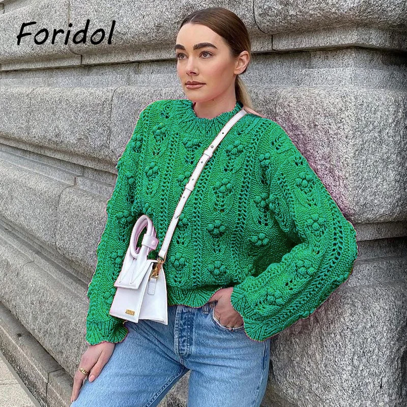 

Короткий вязаный пуловер с помпоном Foridol, повседневный зеленый свитер с круглым вырезом, Осень-зима, 2021