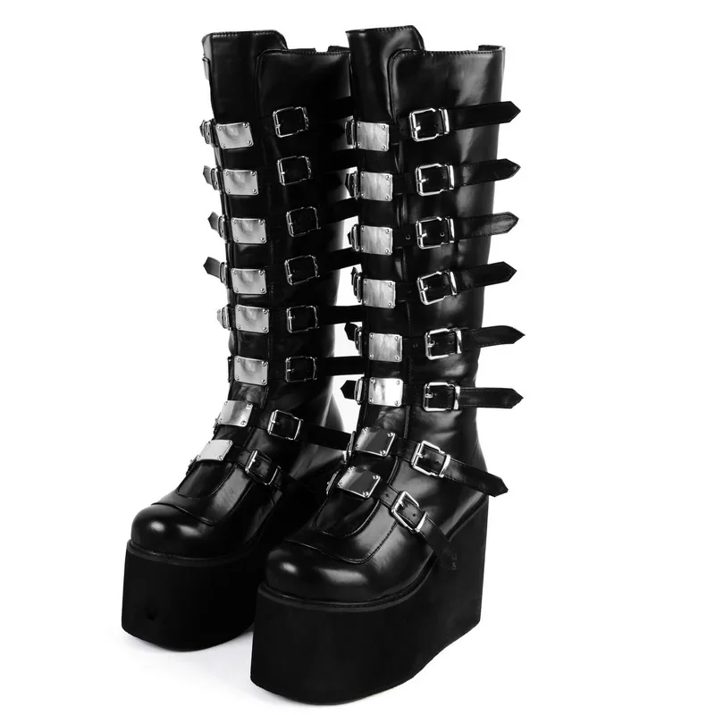 

2021 New Punk Women Boots High Heels Gothic Style Platform Boots Wedges Shoes Fashion Buckle Ankle Boots Woman Shoes Big Size 43