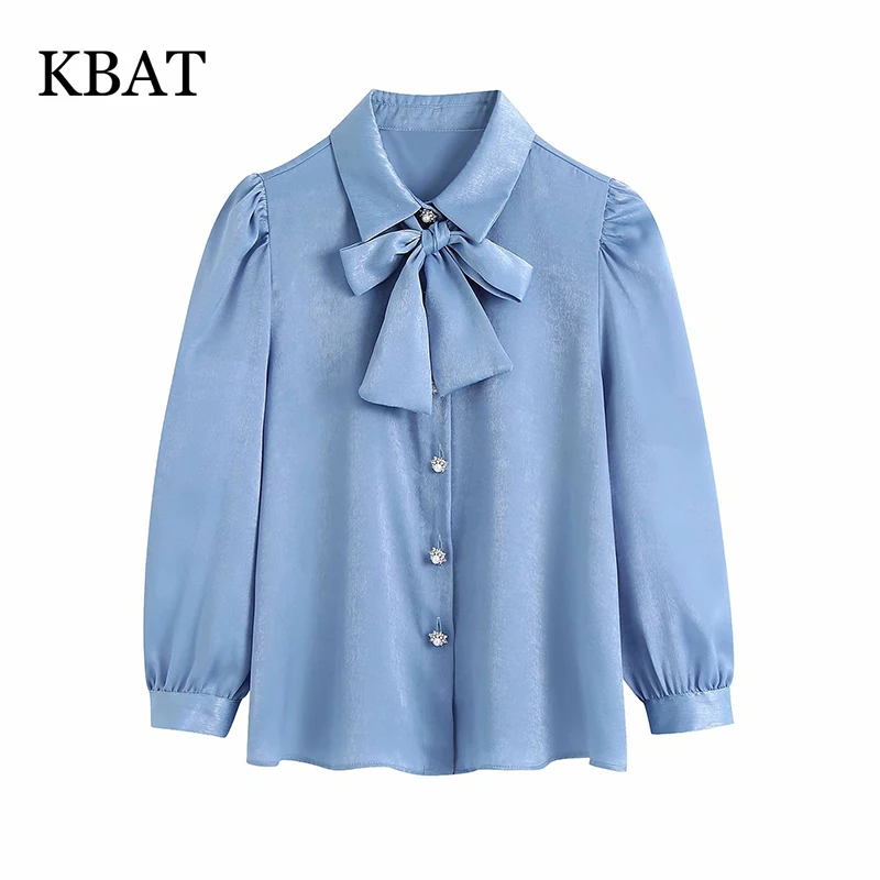 

KBAT 2021 Blue Satin Women Blouse Summer Button Up Shirt Women Long Sleeve Top Female Collared Shirts Elegant Blouses Woman