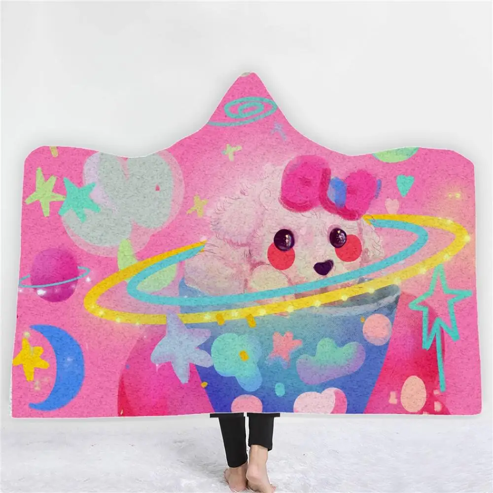

Planet/Moon/Clouds Hooded Blanket Teacup Dog Throw Blanket Pink Background Fleece Blanket Nap Office Sofa Soft Wearable Blanket