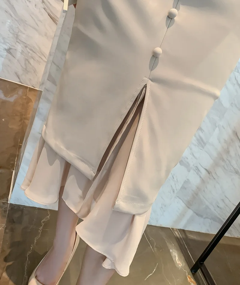 

2021 Spring New Korean Style Office Ladies Midi Mermaid Dress Women Chiffon Bubble SleeveBodycon Ruffles Party Dresses B360
