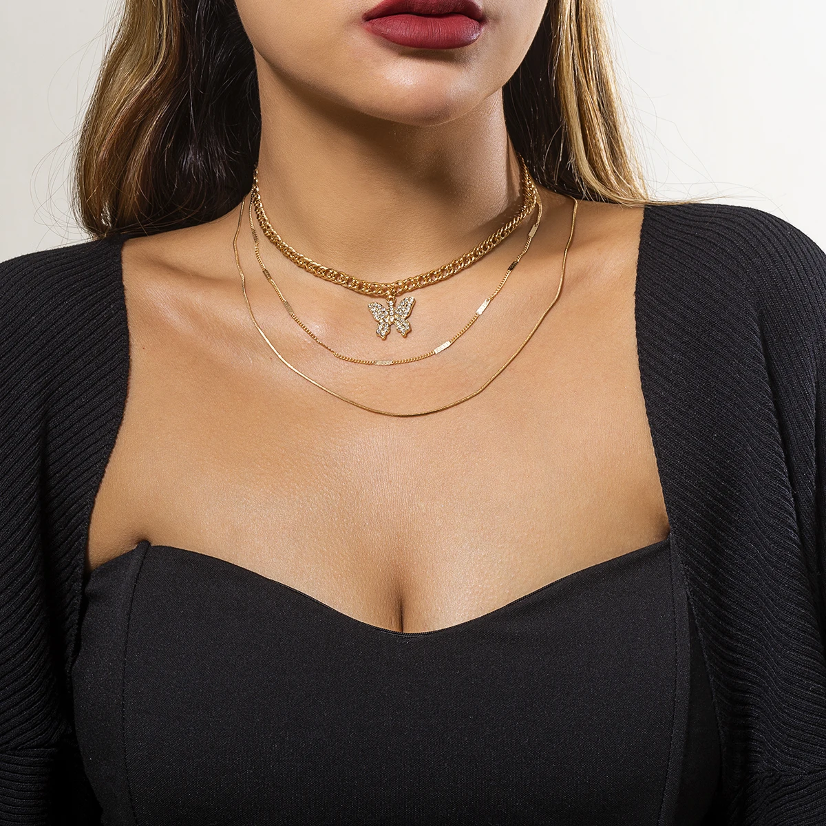 

PuRui Multi Layer Chain Rhinestone Butterfly Pendant Necklace for Women Trendy Gold Color Fashion Necklace 2022 Jewelry on Neck