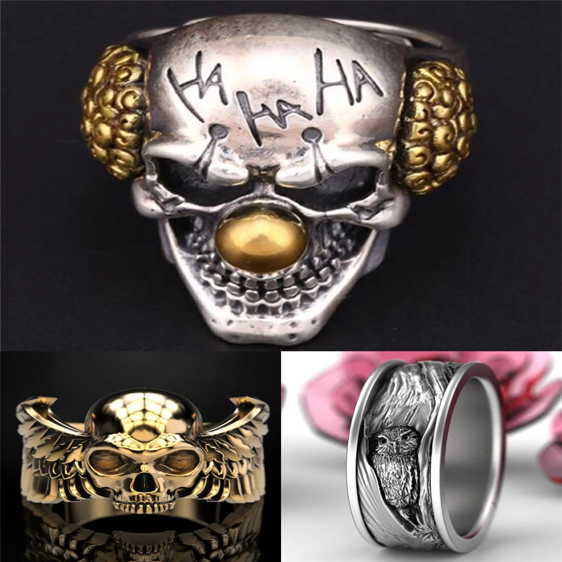 

HEARTART Hip Hop Skull Animal Ring Men's Accessories Retro Rock Big Motorcycle Stamp Goth Punk Ring Antique Tibetan Ring Jewelry