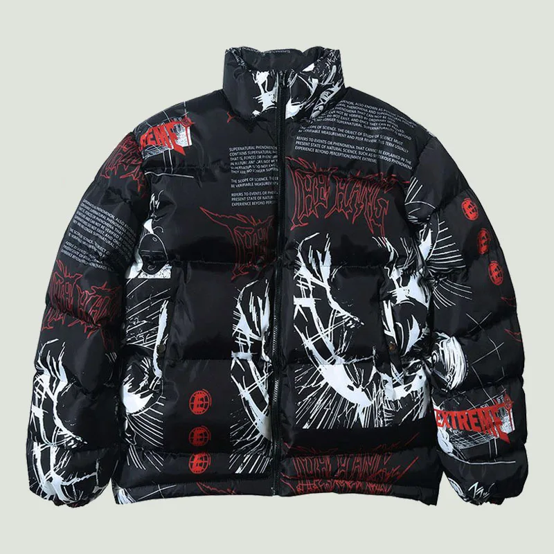 Hip Hop Cartoon Graffiti printed Parkas mens Japanese Streetwear Harajuku Winter thickend warm zipper Padded Jacket Coats Unisex