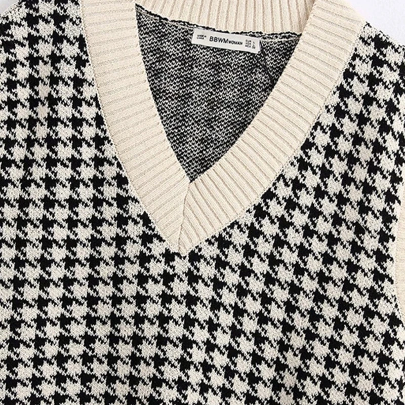 

Women Autumn Houndstooth Plaid Knitted Vest Sleeveless V-Neck Vintage Sweater Oversized Loose Pullover Jumper Tank Tops