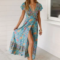 jocoo jolee bohemian dress for women summer short sleeve v neck floral print lace up sashes a line dress holiday beach party