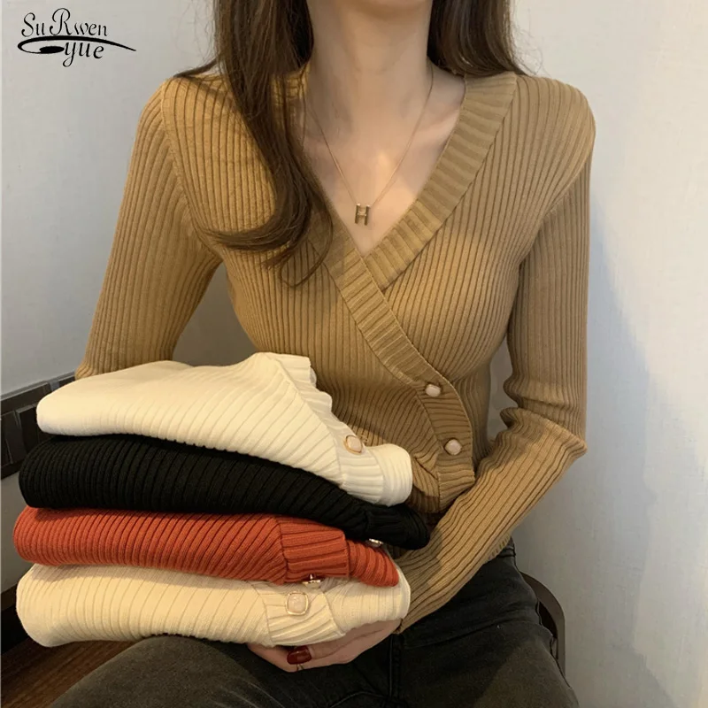 

Autumn 2021 Long Sleeve Clothes Elastic Long Sleeve Tops Sweater Women Cross Pullover Fashion Sexy V-neck Warm Pull Femme 17458