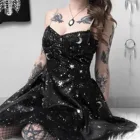 Черное платье феи вечерние, женские платья с принтом звезд и Луны, готическое похоронное сексуальное платье с открытой спиной и оборками на бретелях