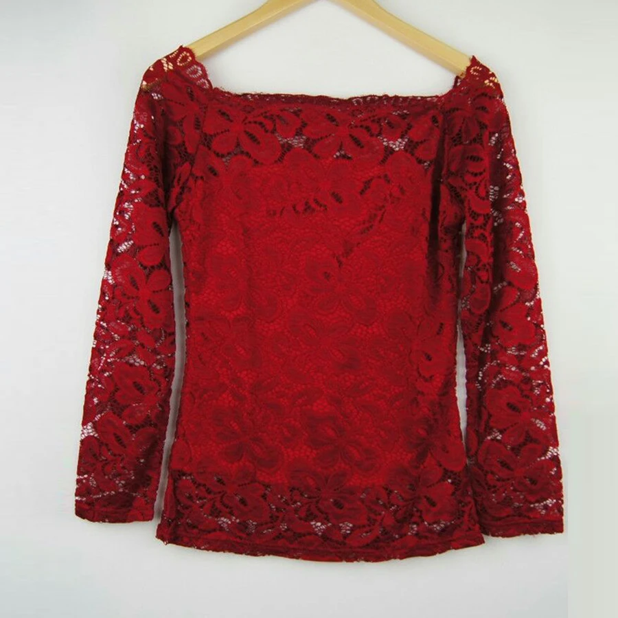 Элегантная кружевная блузка женская модная с длинным рукавом и вырезом лодочкой