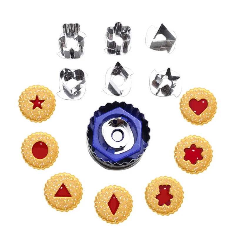 

7pcs Cookie Cutters Set 6 Patterns Stainless Steel Baking Mold with 1 Press Biscuit Cookie Pastry Cookie Stencil Cookie Stamp