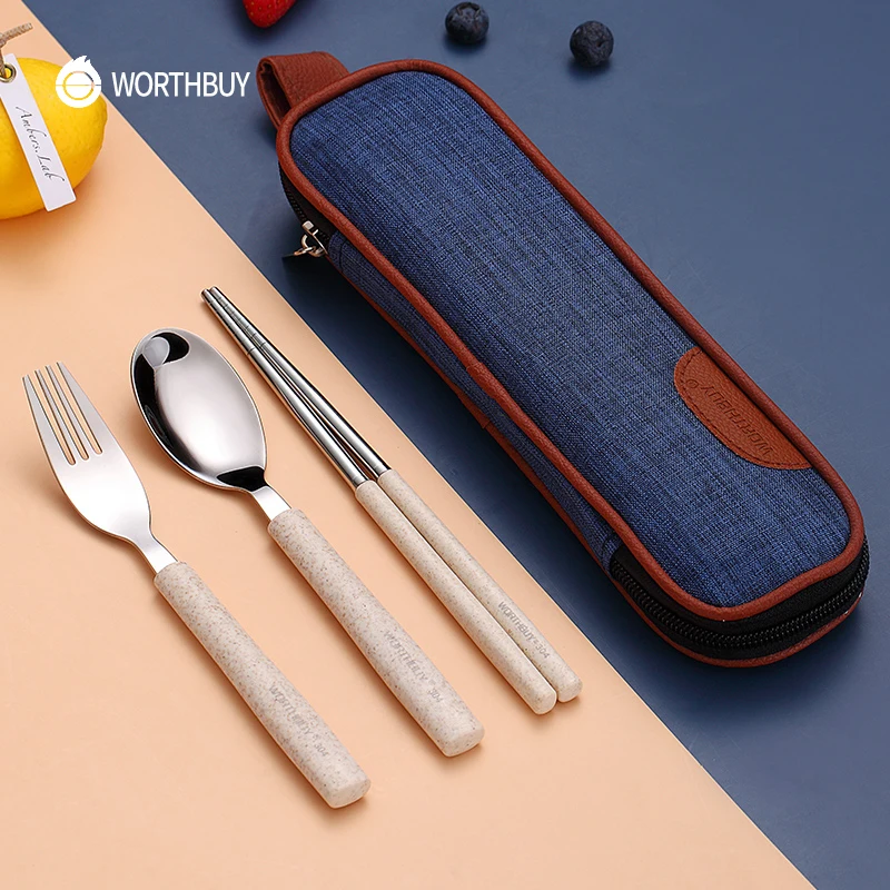 

WORTHBUY 18/8 Stainless Steel Tableware Portable Dinner Set For Kids Travel Dinnerware With Wheat Straw Handle Spoon Fork Set