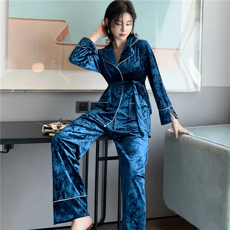 

Пижамный комплект, Женская золотистая бархатная одежда для сна, кардиган с поясом, плотная теплая Домашняя одежда, удобная Роскошная Осення...