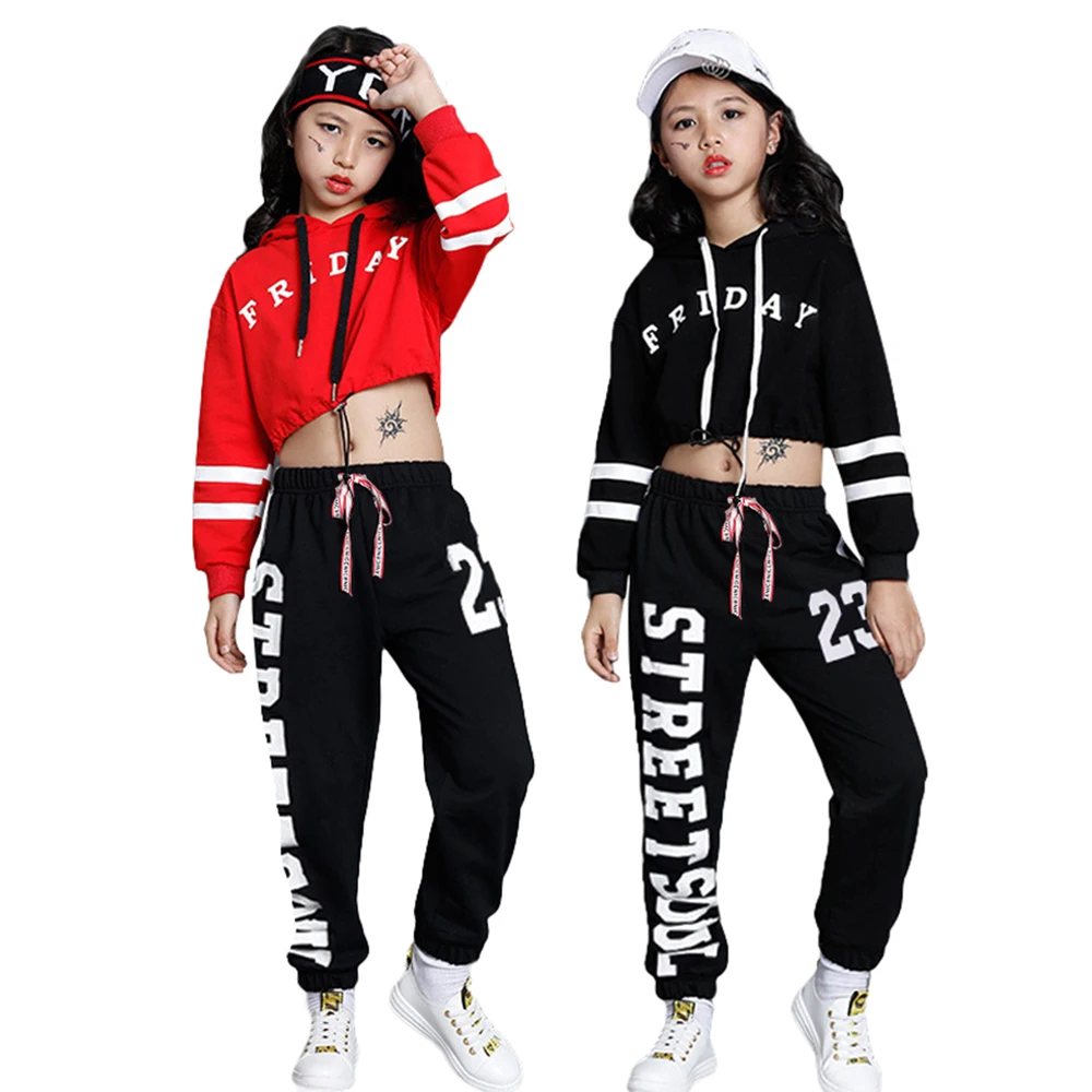 

Lolanta Kids Girls Red&Black Casual Wear Clothes Print Crop Top Hooded Sports Pants